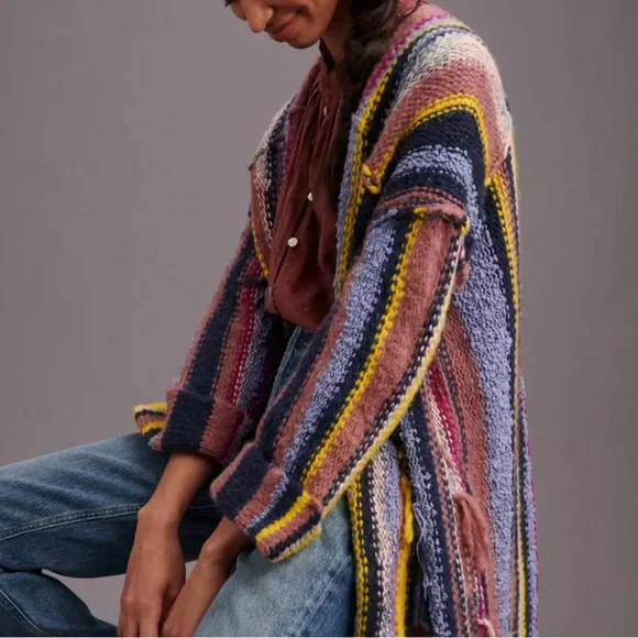 Anthropologie Multicolor Striped Cardigan Boho Chic Chunky Knit Bohemian Layer - Picture 4 of 14